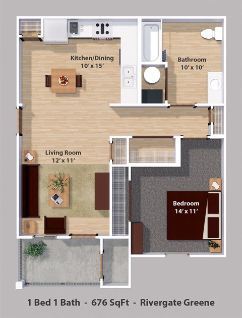 Floor plan for 1 bed, 1 bath, 676 sqft